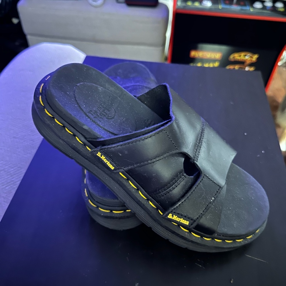 Dr. Martens Black Slides with Yellow Stitching